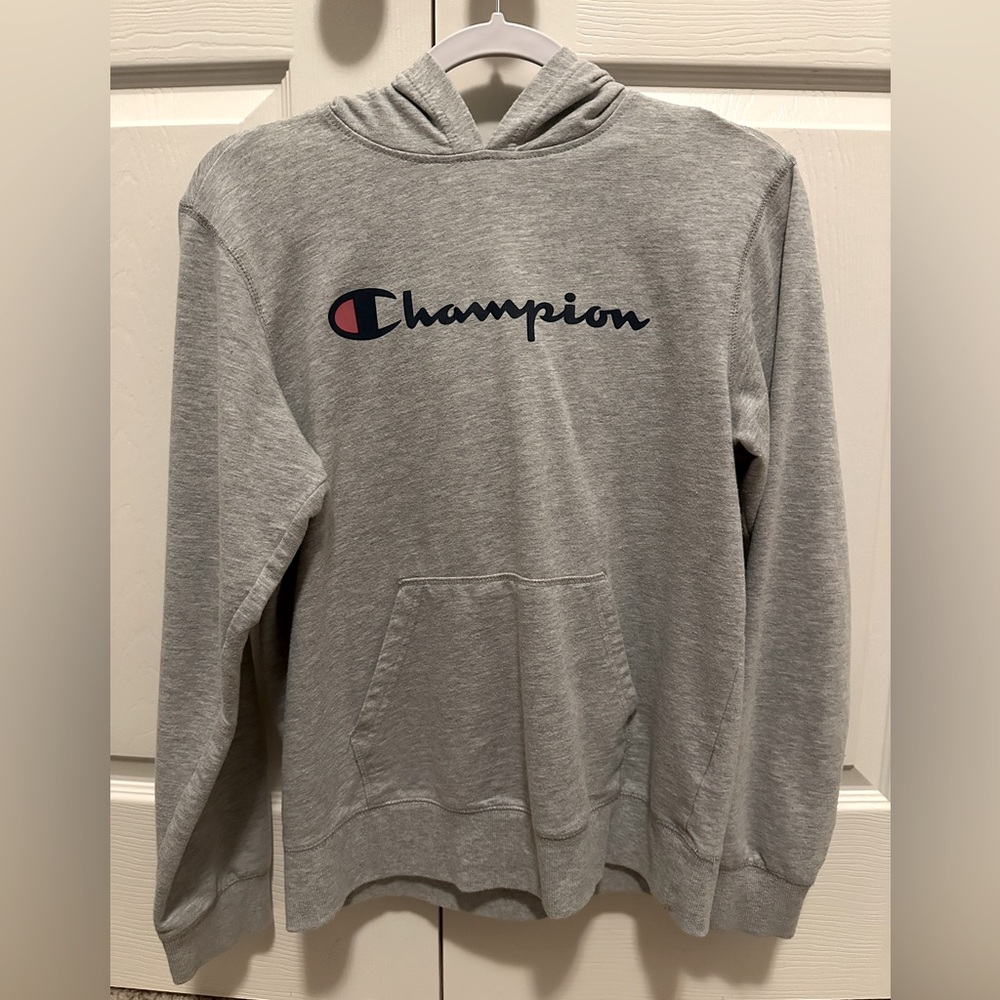Champion Men’s Powerblend Hoodie with Full Script Logo (Color: Gray)